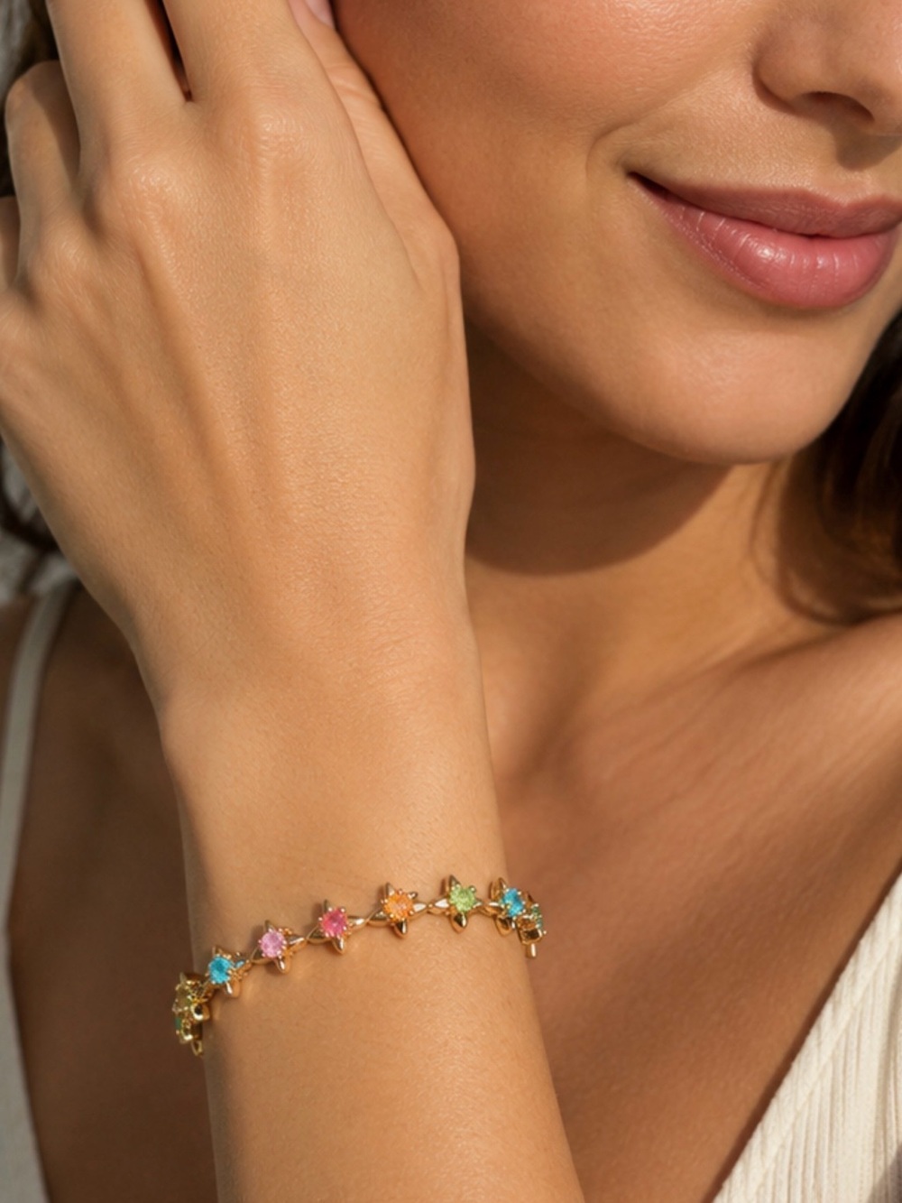 NEW!! 18k Gold Plated Multicolor Crystal Flower Link Bracelet with candy stones